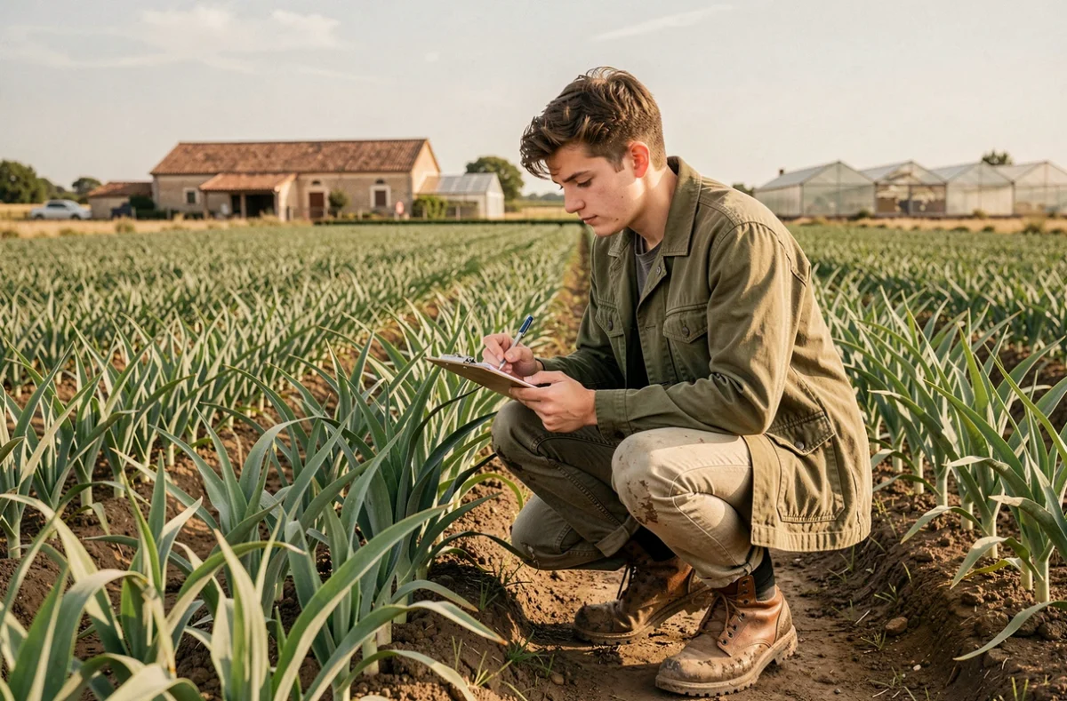 Étudiant de l'ENSAT Toulouse INP en veste de terrain examinant des cultures dans un champ expérimental agricole près de Toulouse