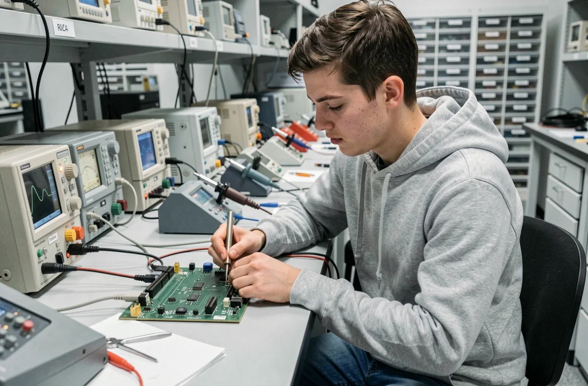 Étudiant de l'ENSEEIHT Toulouse INP concentré sur l'assemblage d'un circuit électronique dans un laboratoire d'électronique professionnel
