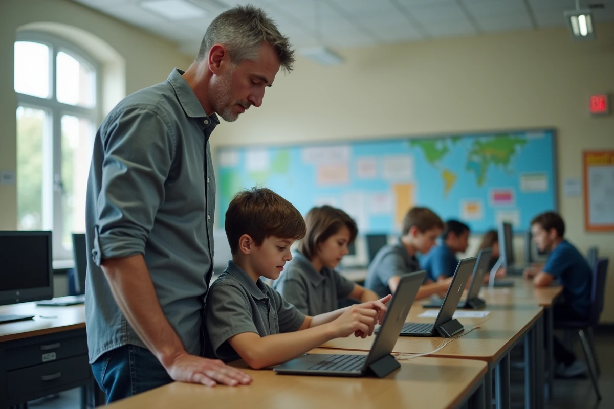 Enseignant accompagnant un élève dans la configuration de l'ENT sur tablette