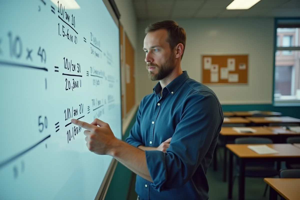 Enseignant expliquant le calcul de notes avec coefficient sur un tableau blanc dans une salle de classe vide