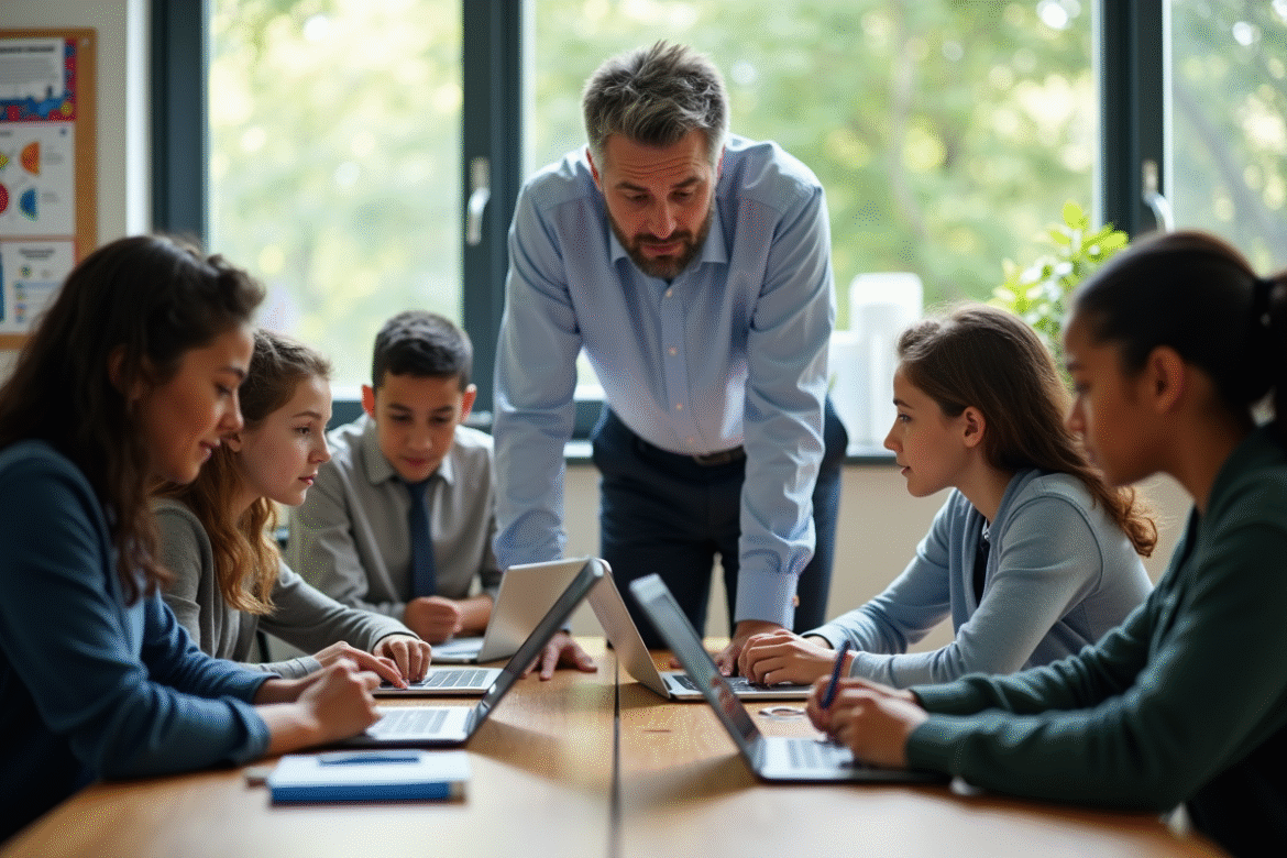 Professeur aidant des élèves en classe moderne