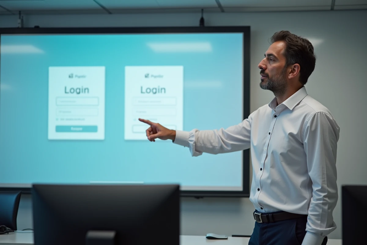 Enseignant expliquant la différence entre ENT 45 et ÉduConnect devant un tableau interactif