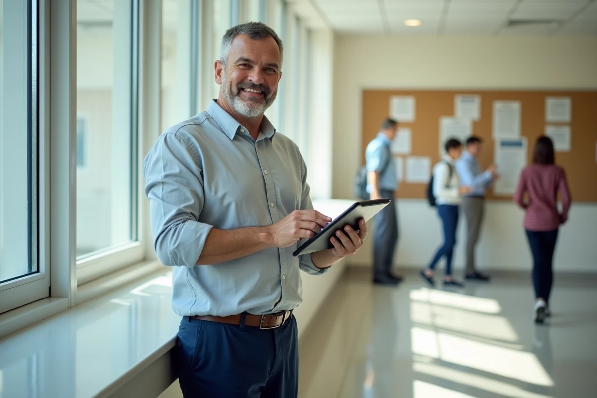 Professeur souriant dans le couloir de l école avec tablette