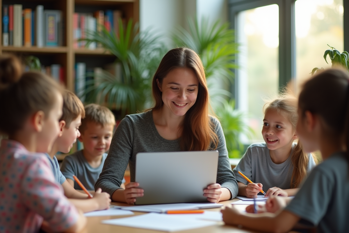 Enseignant utilisant un ordinateur portable avec logiciel éducatif IA