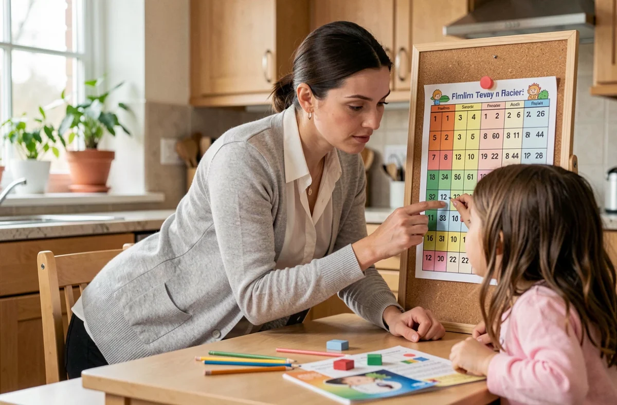 Enseignante aidant une fillette à apprendre la table de 8 sur un tableau de multiplication colorié lors d'une session de soutien scolaire à domicile