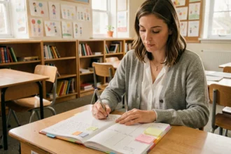 Enseignante annotant son cahier de préparation avec des fiches de suivi élèves colorées dans une salle de classe