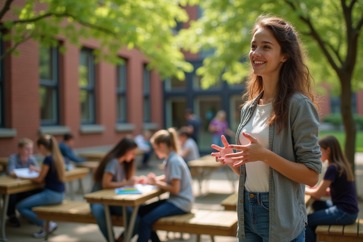 Jeune enseignante guide un groupe d adolescents en plein air