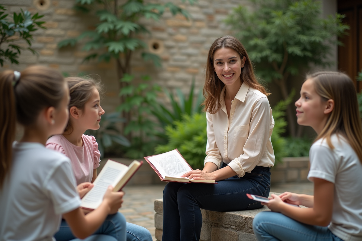 Jeune enseignante en plein air avec enfants lisant