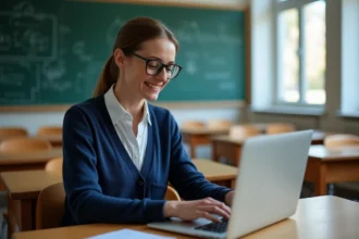 Enseignante utilisant un logiciel de gestion de classe Scolaweb sur son ordinateur portable dans une salle de classe vide