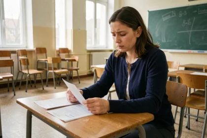 Enseignante du primaire qui examine sa fiche de paie dans une salle de classe