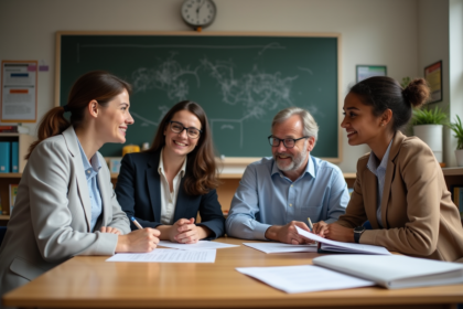 Quatre enseignants variés discutent en classe moderne