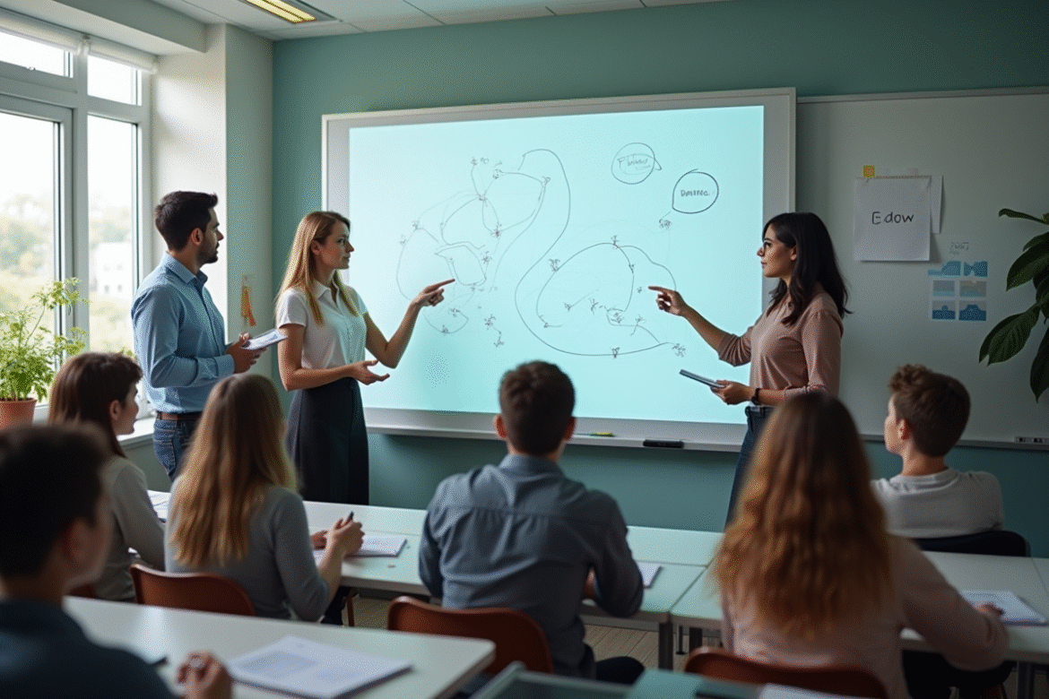 Groupe d'enseignants collaborant avec un tableau interactif intelligent