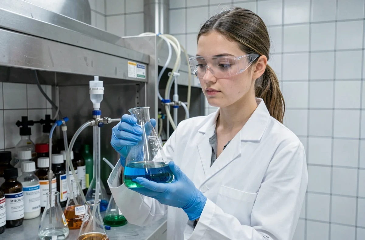 Étudiante de l'ENSIACET Toulouse INP en blouse blanche manipulant un flacon de solution dans un laboratoire de génie chimique