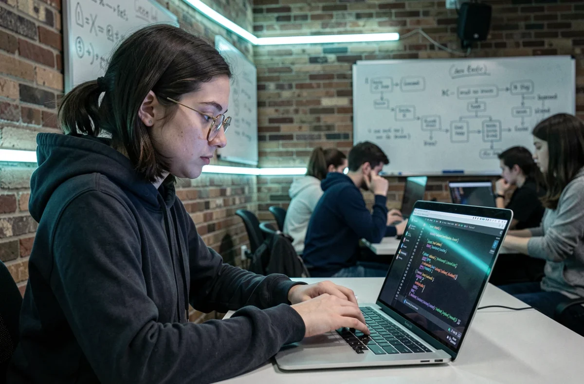 Étudiante de l'EPITA Toulouse codant intensément sur un ordinateur portable dans un espace de travail collaboratif dédié à l'informatique