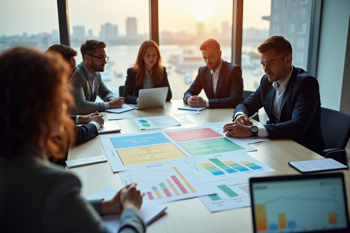 Groupe de professionnels analysant une matrice SWOT colorée