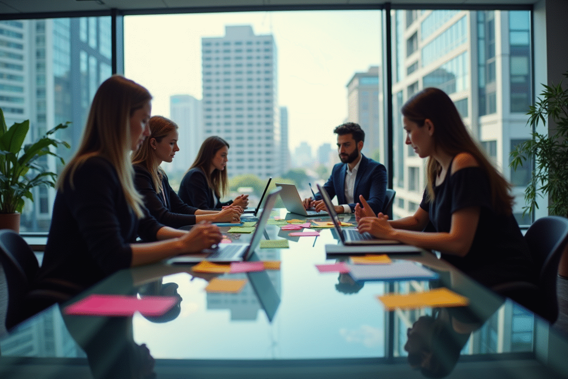 Groupe de professionnels en réunion dans un bureau moderne