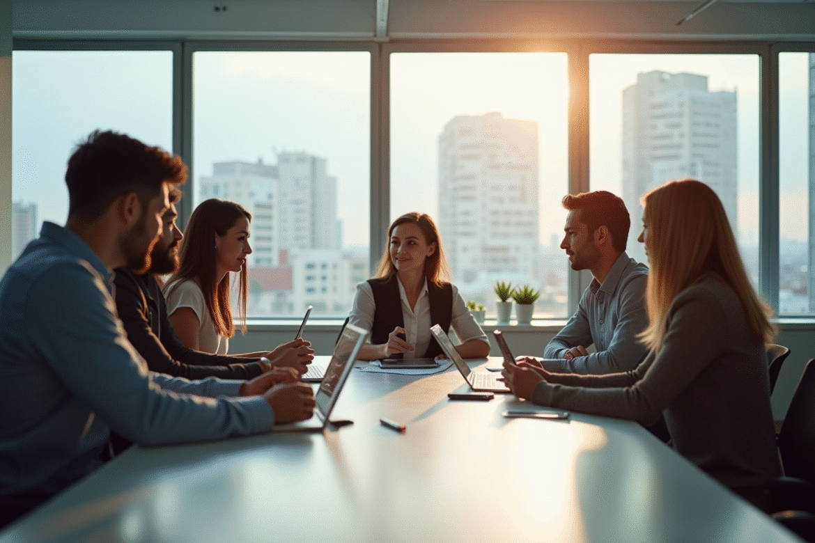 Espace de travail professionnel avec équipe collaborative