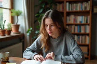 Jeune femme étudiant la grammaire française avec un manuel ouvert annoté sur un bureau en bois dans une pièce chaleureuse