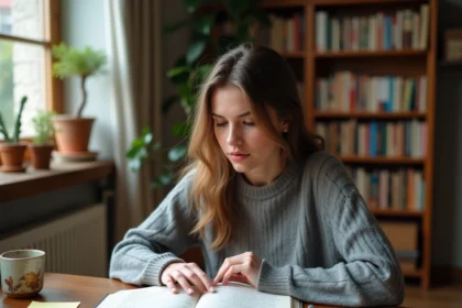 Jeune femme étudiant la grammaire française avec un manuel ouvert annoté sur un bureau en bois dans une pièce chaleureuse