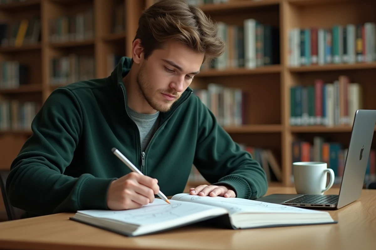 Étudiant en bibliothèque révisant la notion de dérivée et de tangente à une courbe dans un manuel de mathématiques