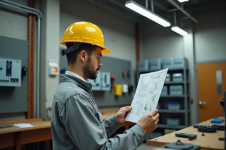 Étudiant en BTS électrotechnique étudiant un schéma électrique dans un atelier de formation professionnelle