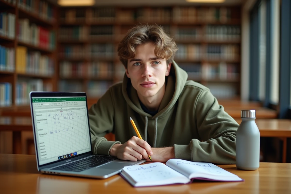 Étudiant en bibliothèque utilisant Excel pour calculer une moyenne pondérée avec coefficient, cahier de notes ouvert à côté