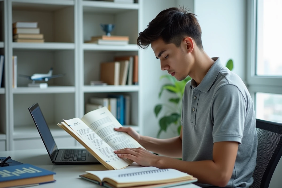 Étudiant préparant le CAP RLA en formation aéronautique, lisant un manuel de réglementation dans un espace d'étude moderne
