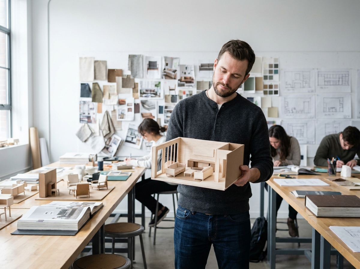 Étudiant en design d'intérieur tenant une maquette en balsa devant un tableau d'inspiration dans une école de création mobilière