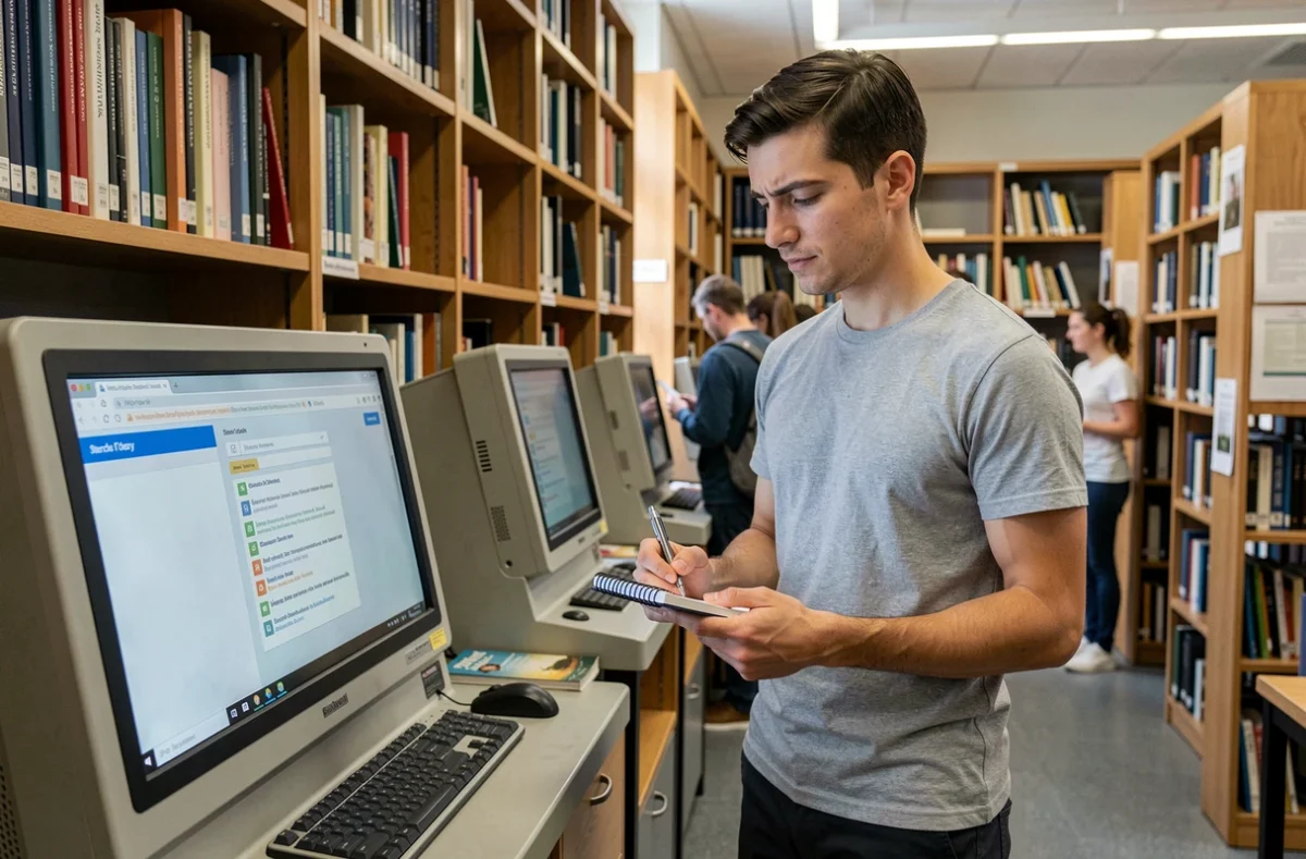 Étudiant consultant l'ENT de son université sur un ordinateur de bibliothèque en début de semestre