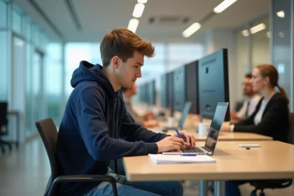 Jeune homme étudiant concentré sur son ordinateur portable dans une salle de ressources universitaire
