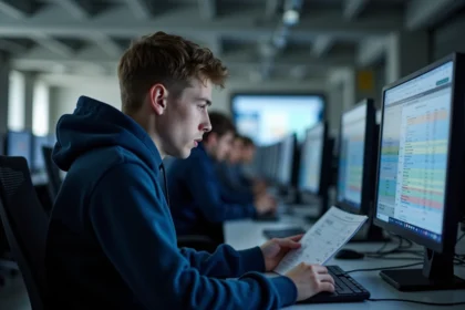 Étudiant en game design consultant les frais de scolarité de son école de jeux vidéo sur un ordinateur portable dans une salle informatique universitaire moderne