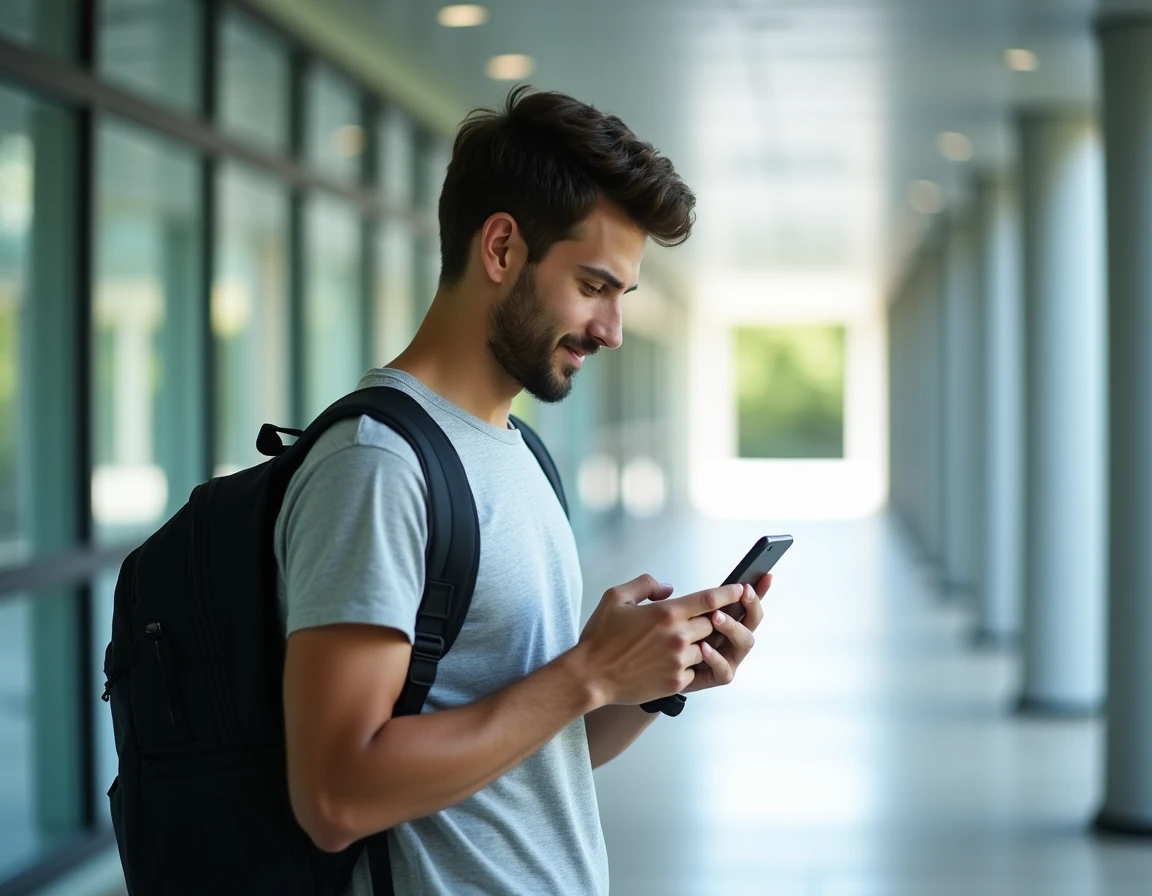Étudiant masculin utilisant l'application LEO UGA sur smartphone dans un couloir de campus universitaire