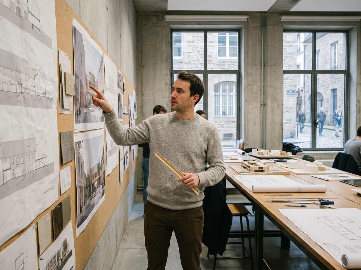Étudiant en architecture d'intérieur présentant ses travaux dans un studio pédagogique d'une école de design en ville