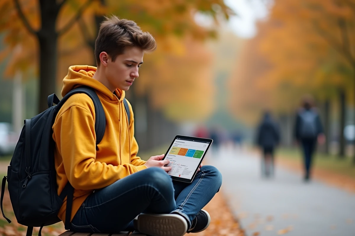 Étudiant consultant une plateforme de formation en ligne sur tablette dans un campus universitaire en automne