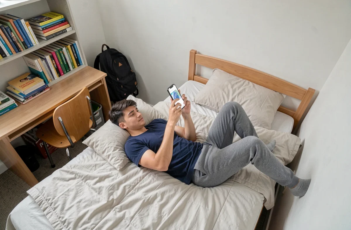 Étudiant masculin consultant son portail de cours universitaire sur téléphone dans une chambre de campus
