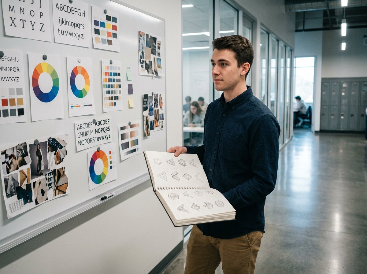 Jeune homme en prépa design consultant ses croquis typographiques devant un tableau de références visuelles dans une école d'art