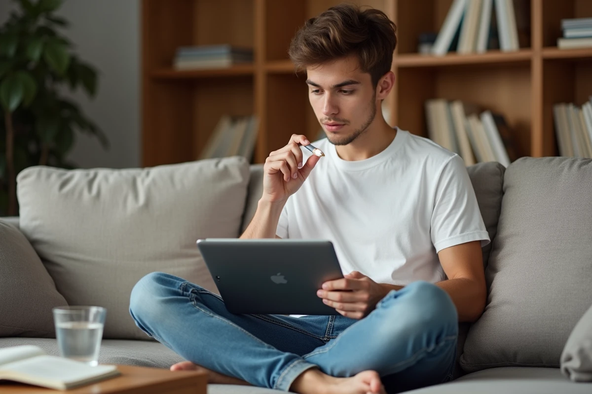 Jeune adulte passant un test de QI sur tablette dans un salon cosy, réflexion sur le choix entre test gratuit et évaluation payante sérieuse