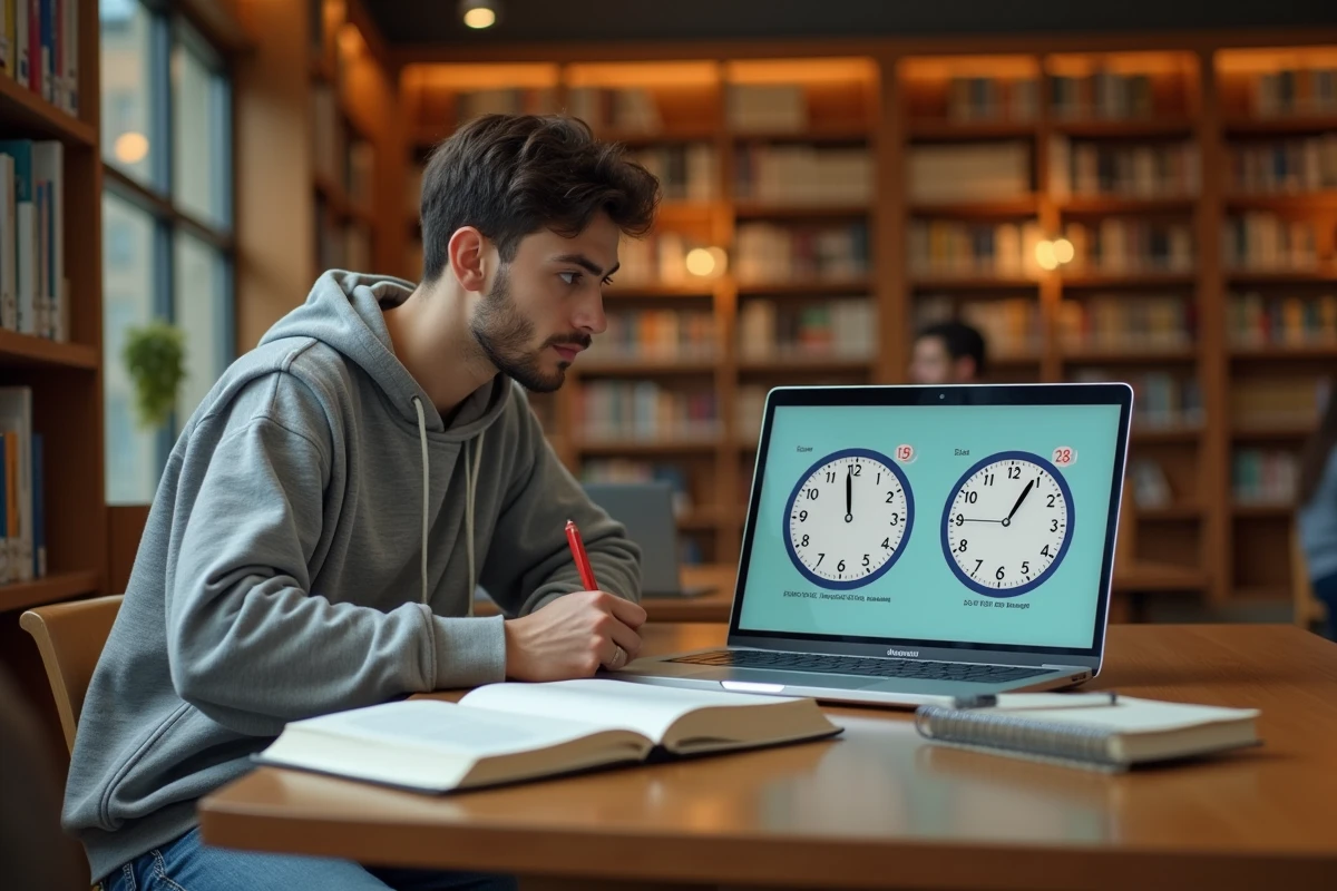 Étudiant consultant un manuel de traduction anglais-français pour comprendre les horaires AM et PM dans une bibliothèque universitaire