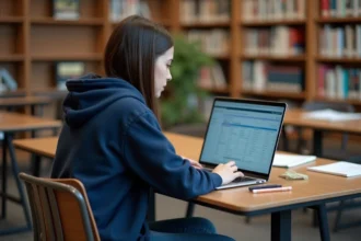Étudiante alternante consultant son planning de cours en ligne sur NetYParéo dans une bibliothèque universitaire