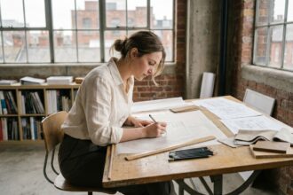 Étudiante en architecture d'intérieur dessinant un plan à la main sur une table à dessin dans un atelier de style loft avec des échantillons de matériaux