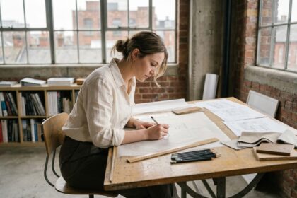 Étudiante en architecture d'intérieur dessinant un plan à la main sur une table à dessin dans un atelier de style loft avec des échantillons de matériaux