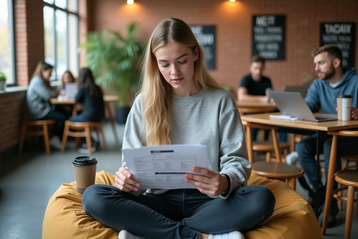 Étudiante en école de jeux vidéo analysant une brochure tarifaire et des documents de financement dans un espace détente sur le campus