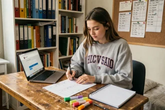Étudiante cochant une check-list de début de semestre devant son ordinateur portable affichant l'ENT université