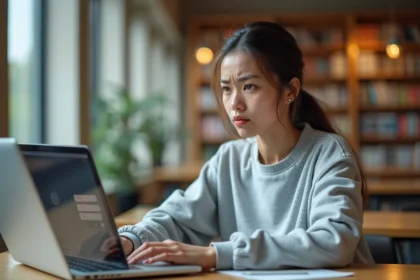 Étudiante devant son ordinateur portable essayant de se connecter à l'ENT Paris Nanterre avec un mot de passe oublié