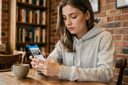 Jeune femme accédant à ses cours en ligne sur smartphone depuis un café urbain