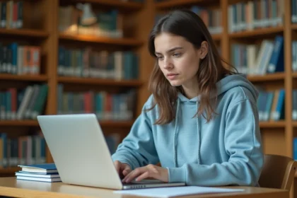 Étudiante complétant une candidature en ligne sur eCandidat dans une bibliothèque universitaire de l'UPEC
