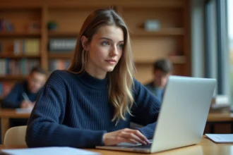 Étudiante utilisant l'ENT AMU sur un ordinateur portable dans une bibliothèque universitaire en 2026