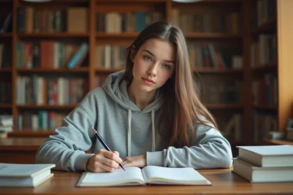 Étudiante annotant un livre de littérature française avec des figures de style pour le bac de français