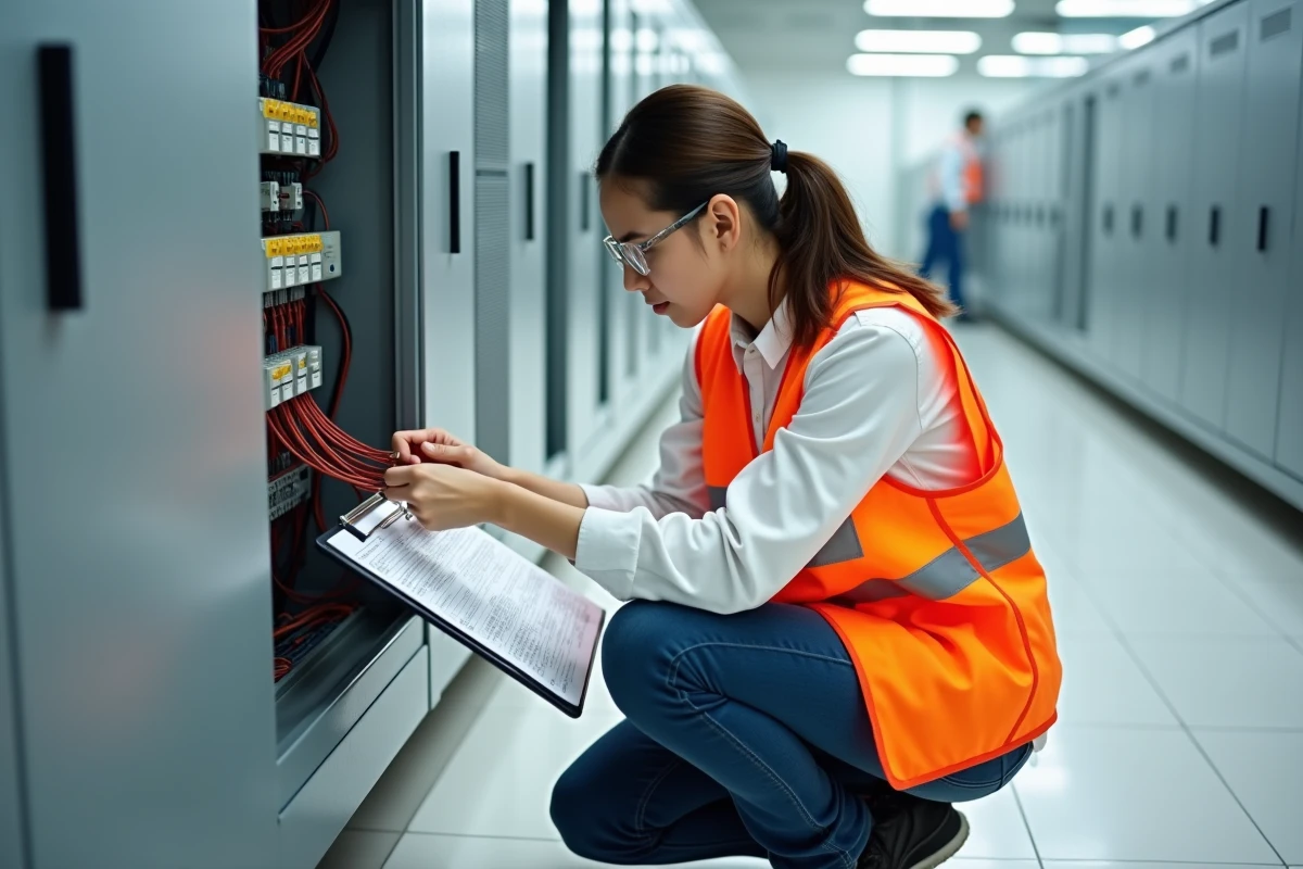 Étudiante en habilitation électrique Habilec7 câblant un tableau électrique dans un laboratoire pédagogique