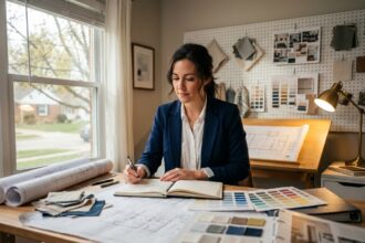 Étudiante en master d'architecture d'intérieur travaillant sur des plans dans un studio à domicile aménagé près de chez elle